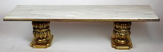 Double gilt pedestal coffee table with marble top
