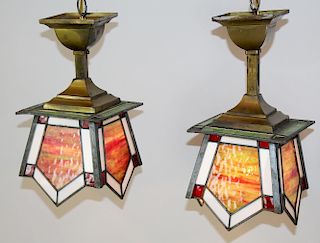 Pair of Arts & Crafts stained & leaded glass lights