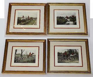 4 English  hand colored hunt scene engravings