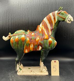 POTTERY DECORATED STANDING HORSE FIGURE