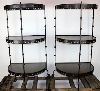 Pair of iron demi lune 3-tier etagere shelves