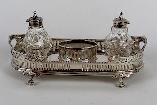 Silverplate desk caddy with double inkwells