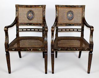 Pair of painted caned armchairs
