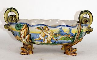 Italian glazed terra cotta bowl with serpent handles