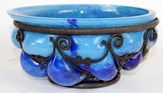 Daum Majorelle cobalt glass bowl with iron frame