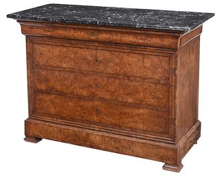 Neoclassical Burlwood Marble Top Five Drawer Commode