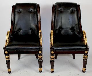 Pair of carved mahogany & leather library chairs
