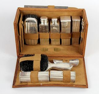 Art Deco sterling silver vanity set in leather case