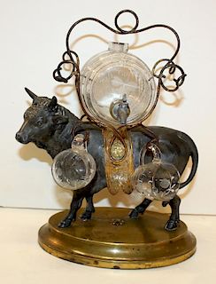 French bull tantalus set with mini glass keg & glasses