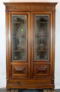 French Renaissance bookcase with etched glass doors