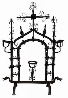 Antique hand forged iron fire screen with cross