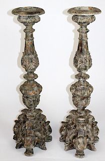 Pair of painted case pillar candle holders