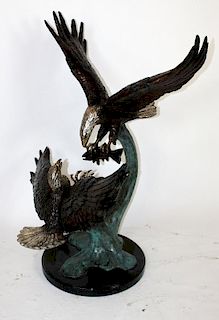 Bronze double soaring eagles sculpture