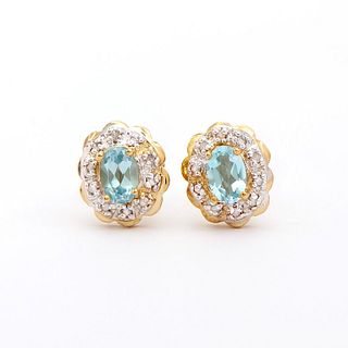 Plated 18KT Yellow Gold 1.3cts Blue Topaz and Diamond Earrings