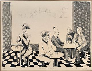 Benny Andrews (American, 1930-2006) NY Cafe signed Lithograph Print