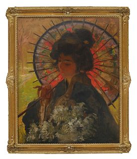 Art Nouveau 20thC. Oil Painting of Japanese Woman