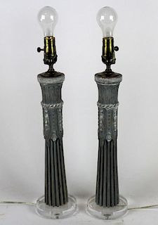 Pair of columnar lamps on lucite bases