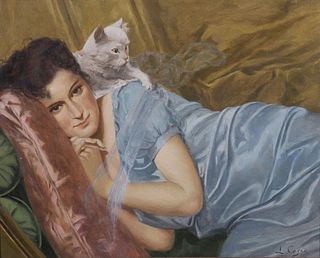 L. Casco (American, 19th C) Lady & Cat Oil Painting