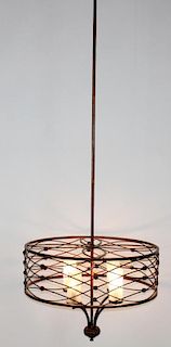 Burnished iron ring chandelier on post