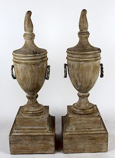 Pair of white washed turned wood urns