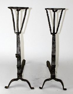 Pair French hand forged iron andirons