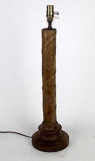 Turned wood lamp with relief carved vine