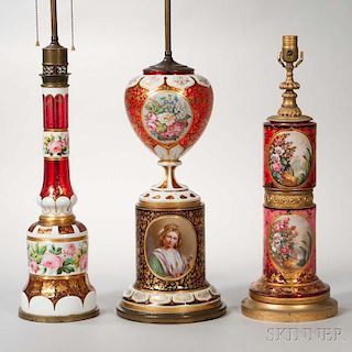 Three Bohemian Overlay Glass Lamp Bases