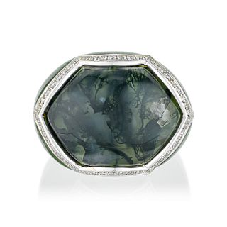 Nephrite Moss Agate and Diamond Carved Ring