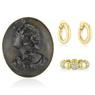 Lava Cameo Brooch Diamond Gold Ring and Gold Hoop Earclips