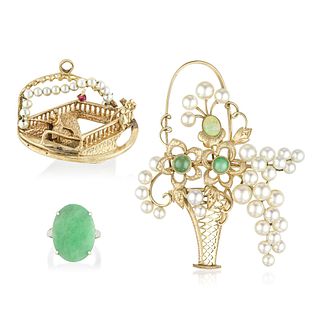 Group of Pearl Jadeite and Opal Brooch Dyed Jadeite Ring and Pearl Staircase Gold Pendant
