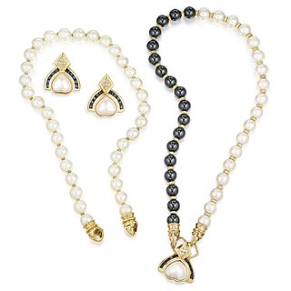 Group of Pearl Sapphire and Diamond Interchangeable Necklace and Earrings