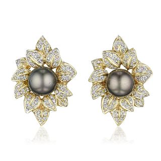 Tahitian Pearl and Diamond Gold Earrings
