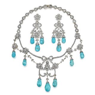 Dyed Turquoise and Diamond Necklace and Earrings Set