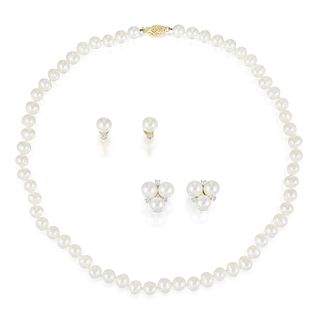 Group of One Pearl Necklace and Two Pair of Pearl Earrings