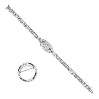 Group of Diamond and Emerald Bracelet and Diamond and Sapphire Brooch