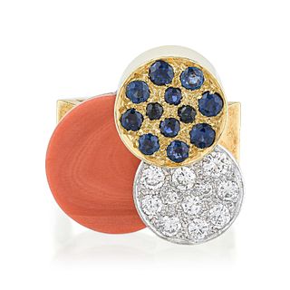 Coral Diamond and Sapphire Ring