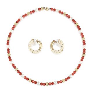 Coral and Pearl Bead Necklace, Enamel and Pearl Hoops