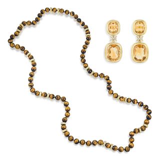 Citrine and Diamond Drop Earclips and Tigers Eye Bead Necklace
