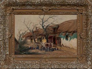 Nemethy Gutahazi Gyorgy (Hungarian, 1890-1962)      Ox Cart Before a Row of Thatched Cottages