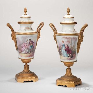 Pair of Sevres-style Porcelain and Gilt-bronze Urns