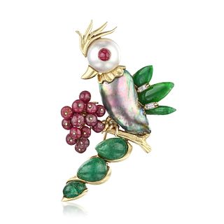 Pearl, Ruby, Jade, Emerald and Diamond Bird Brooch