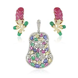 Multi Colored Gemstone and Diamond Pendant/Brooch and Earrings