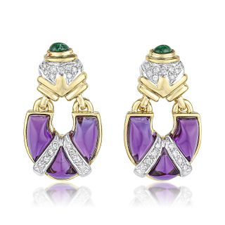 Amethyst Diamond and Emerald Gold Earrings