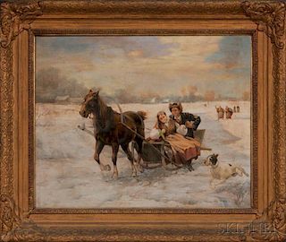 Jan Mortel (Dutch, b. 1906)      Young Couple in a Horse-drawn Sleigh