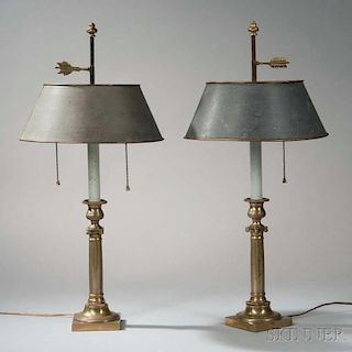 Pair of Brass Columnar Lamps