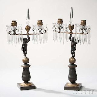 Pair of Continental Two-light Bronze Candelabra with Lustres