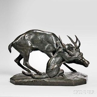 After Antoine-Louis Barye (French, 1796-1875)       Bronze Panther Seizing a Stag