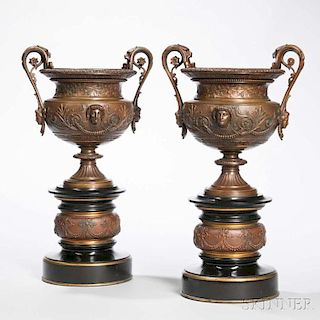 Pair of Continental Grand Tour Bronze and Marble Urns