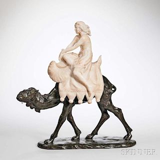 Continental School, Early 20th Century  Alabaster and Bronze Figure of a Woman on a Camel, with gilding, woman depicted with 