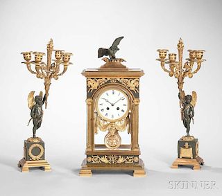Napoleon III-style Gilt and Patinated Bronze Three-piece Clock Garniture